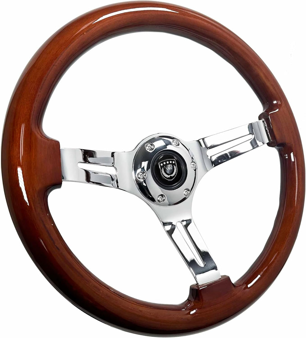 VSW S6 Steering Wheel, Mahogany 6 Bolt Chrome Slotted 3-Spoke ST3011