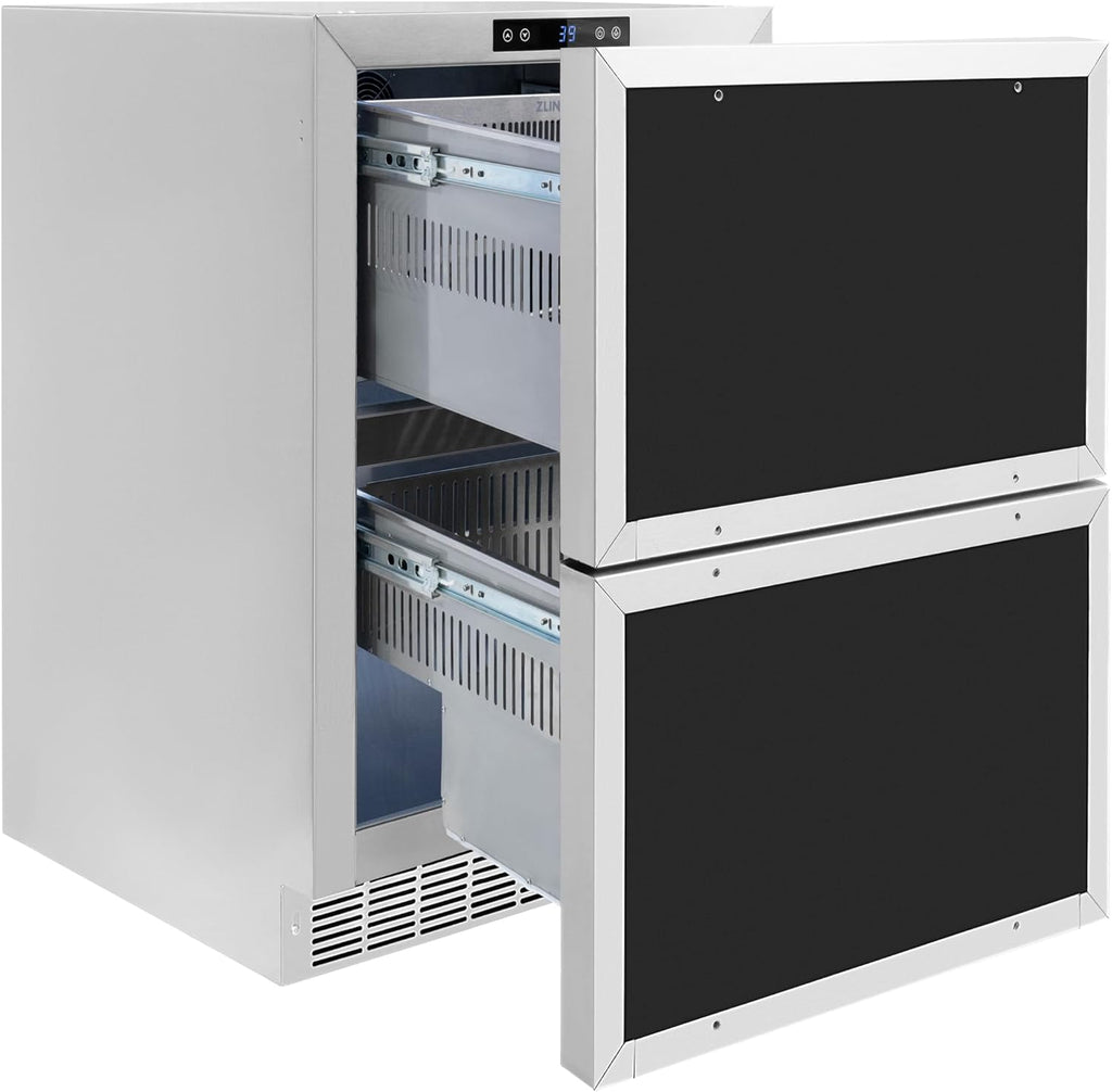 ZLINE Autograph Edition 24 in. Touchstone 168 Can Outdoor-Rated Dual Refrigerator Drawer with Panel-Ready Doors and Champagne Bronze Handles (RDSPOZ-24-CB)