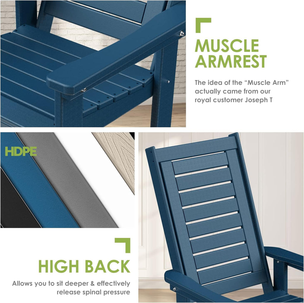 GREENVINES Outdoor Rocking Chairs | Set of 4 | Porch Rocker | HDPE Plastic | Blue | Oversized Rockers | High Back | Big & Tall | Ladder Back | for Patio Outside Backyard Balcony Garden