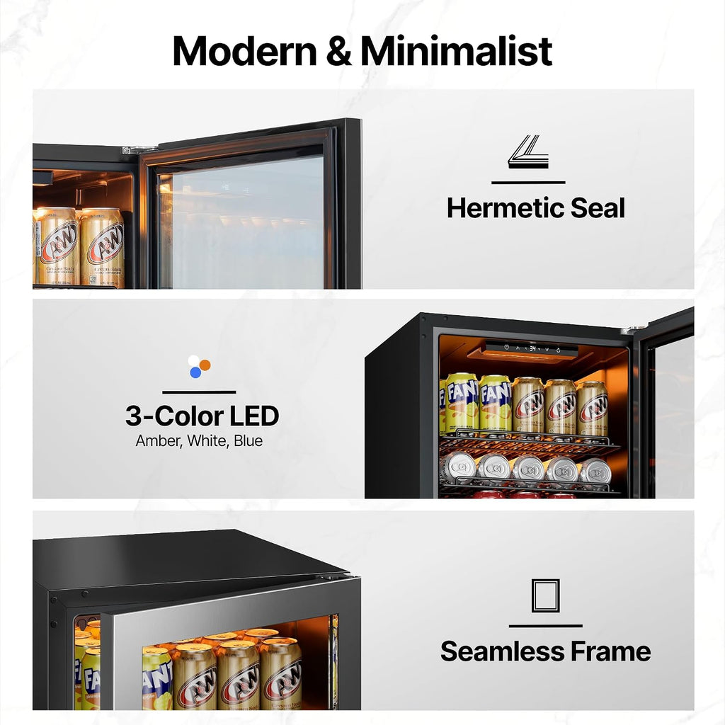 Ca'Lefort 105 Cans Beverage Cooler Mini Fridge, Beverage Refrigerator with Reversible Glass Door, Adjustable Shelves for Soda, Beer & Wine, Digital Temperature Control for Home, Office, Bar or Dorm