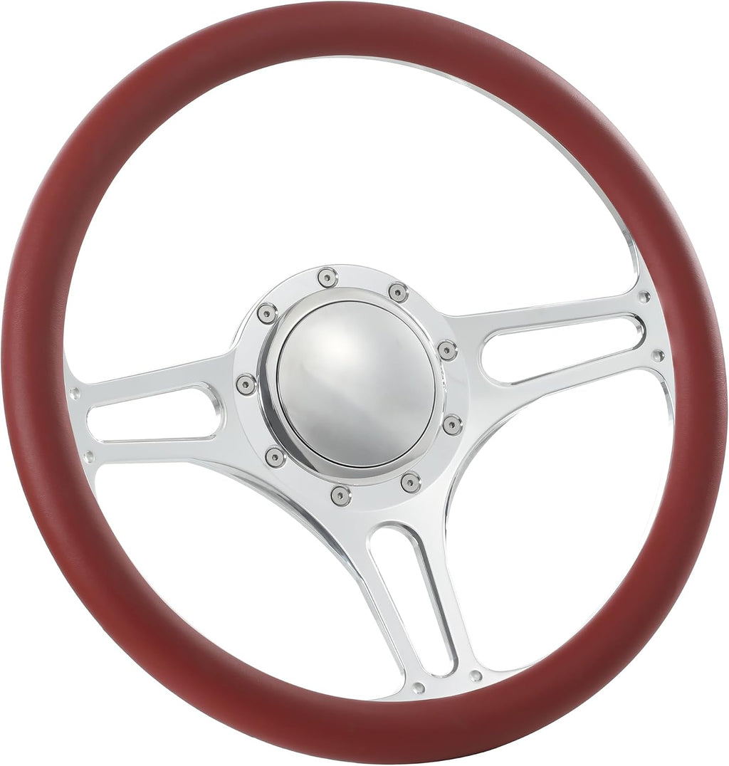 14'' Billet Half Wrap 9 Bolts Steering Wheel with 2'' Dish and Horn Button (Burgundy)