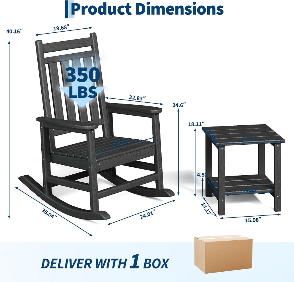 Garvee HDPE Rocking Chair Outdoor Set of 2 with Side Table - Poly High Back Porch Rocker Chairs for Adults - All Weather Resistant Furniture for Patio Front Porch - Black