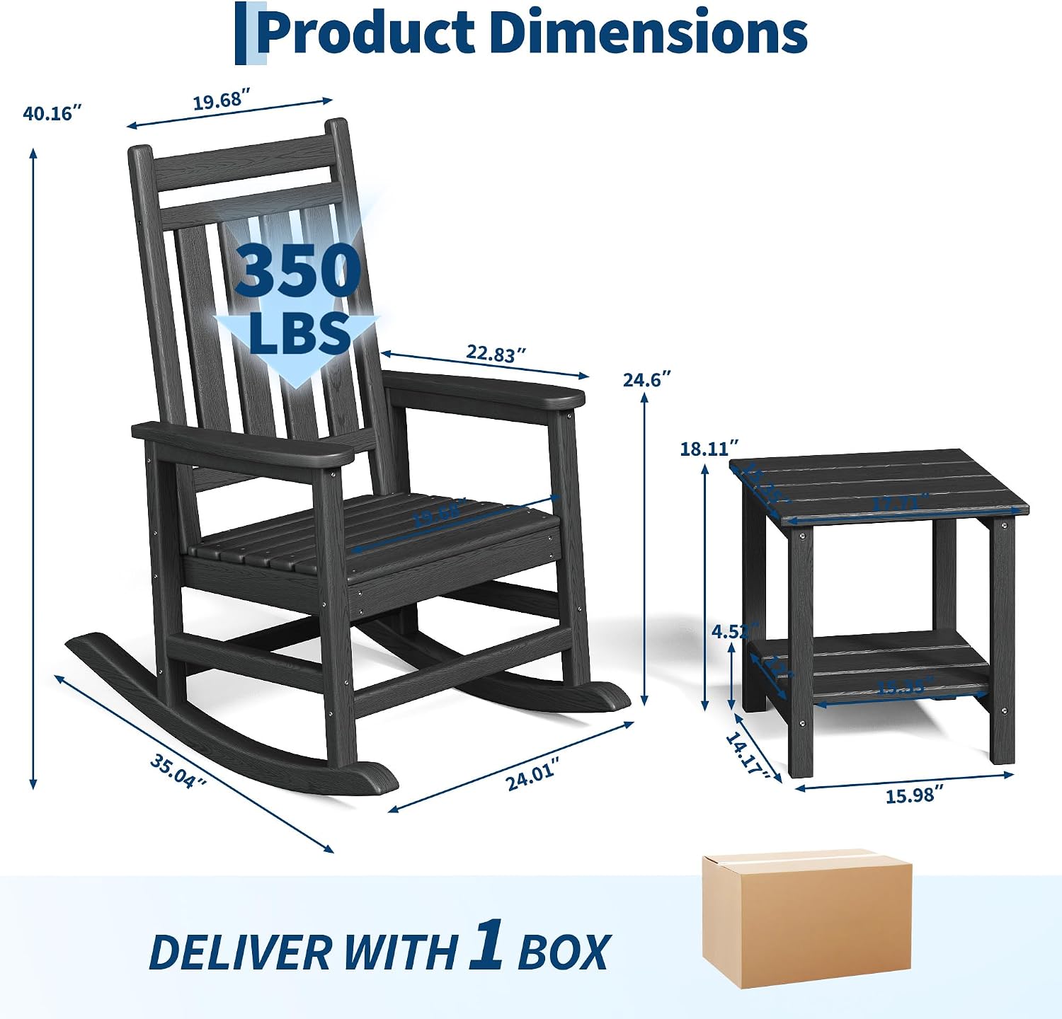 Garvee HDPE Rocking Chair Outdoor Set of 2 with Side Table - Poly High Back Porch Rocker Chairs for Adults - All Weather Resistant Furniture for Patio Front Porch - Black