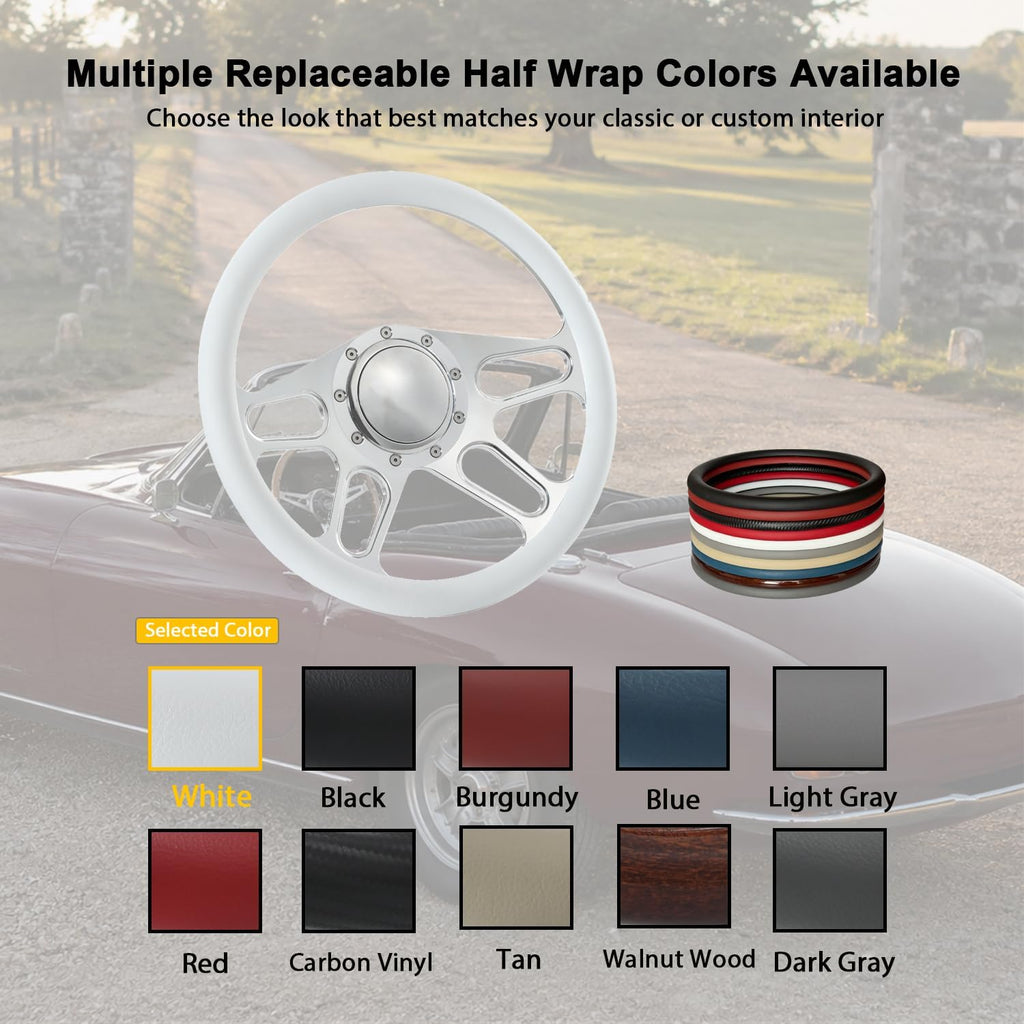 14'' Billet 4-slot Half Wrap 9 Bolts Steering Wheel with 2'' Dish and Horn Button Compatible with Chevy, Ford, GM (White)