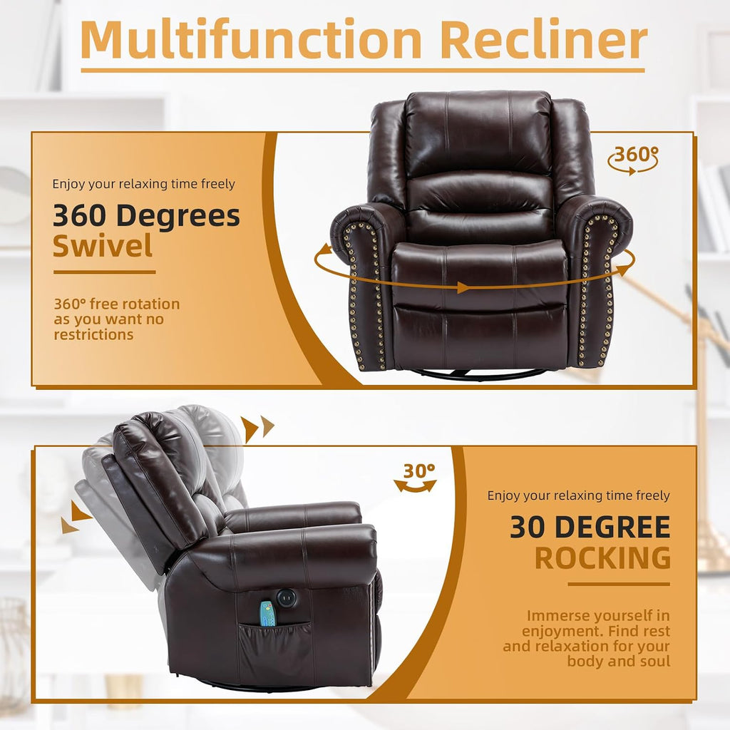 Manual Massage Recliner with Heating Function, 360° Swivel Glider Rocking Recliner Chair for Living Room, Ergonomic Single Sofa Chair with Remote Control/USB Ports/Side Pockets(Dark Brown)