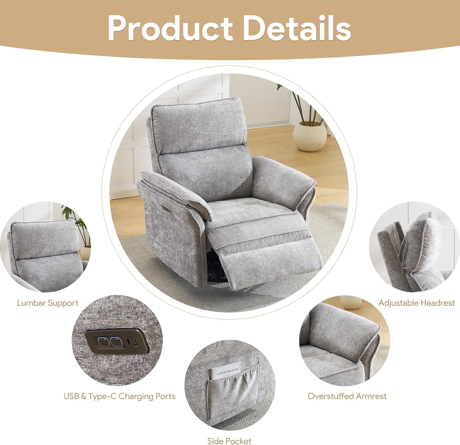 Power Nursery Rocking Chair with Massage and Heat,Swivel Rocker Recliner with Adjustable Headrest,Glider Recliner Nursery Chair for Breastfeeding,Nursery Rocker Recliner for Living Room,Light Grey