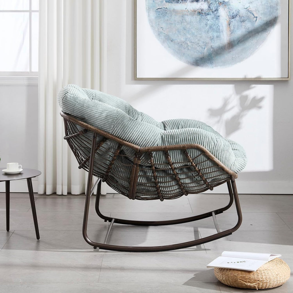 Deolme Large Papasan Rocking Chair Set of 2 with Cushion, Oversized Comfy Reading Chair Lounging Indoor Outdoor Rocker for Front Porch Backyard Bedroom Living Room Egg Chair Rattan (Green Teddy)