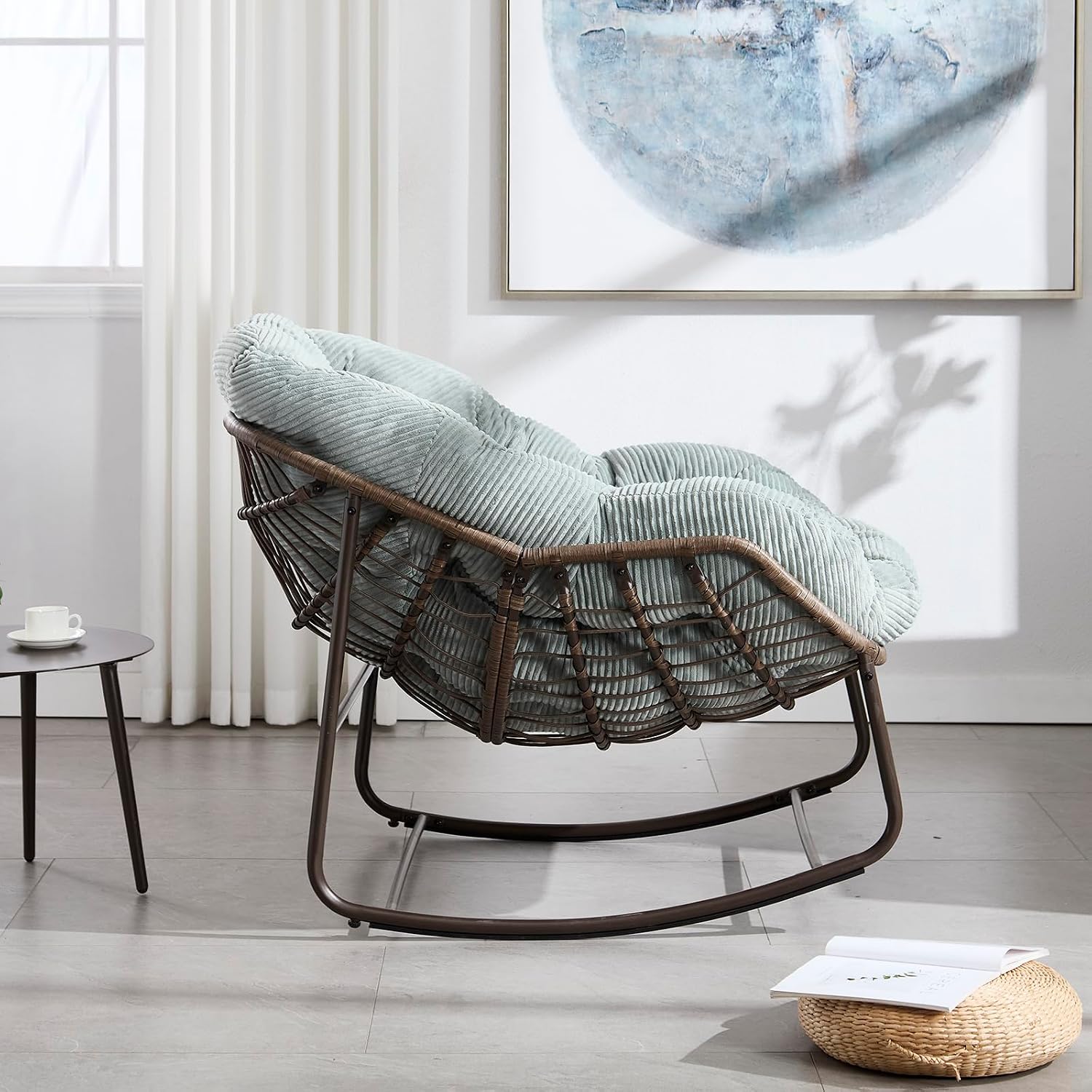 Deolme Large Papasan Rocking Chair Set of 2 with Cushion, Oversized Comfy Reading Chair Lounging Indoor Outdoor Rocker for Front Porch Backyard Bedroom Living Room Egg Chair Rattan (Green Teddy)