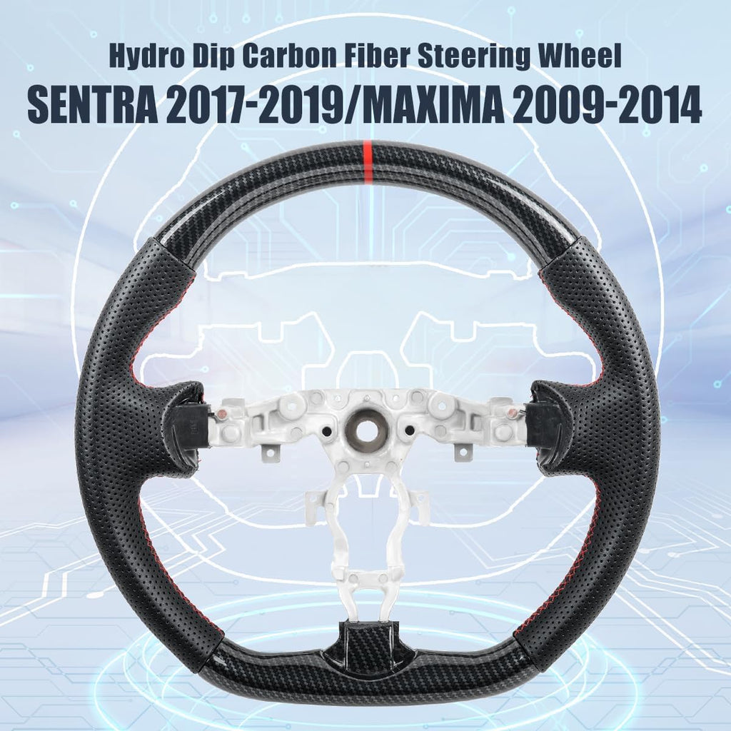 Carbon Fiber Style Steering Wheel for Nissan 370Z 2009-2020, Juke 2011-2017, Maxima 2009-2014, Fits Infiniti FX35 FX37 FX50 QX70 2009-2017, Red Stitching Flat Bottom Sport Grip Replacement