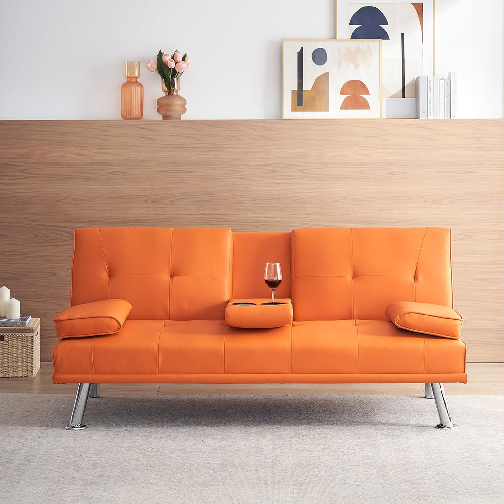 70' Futon Sofa Bed,Multifunctional Convertible Folding Futon Sofa Bed with Coffee Table, 3 Adjustable Reclining Sleeper Sofa, Small Leather Couch for Living Room/Bedroom Small Spaces (Orange)