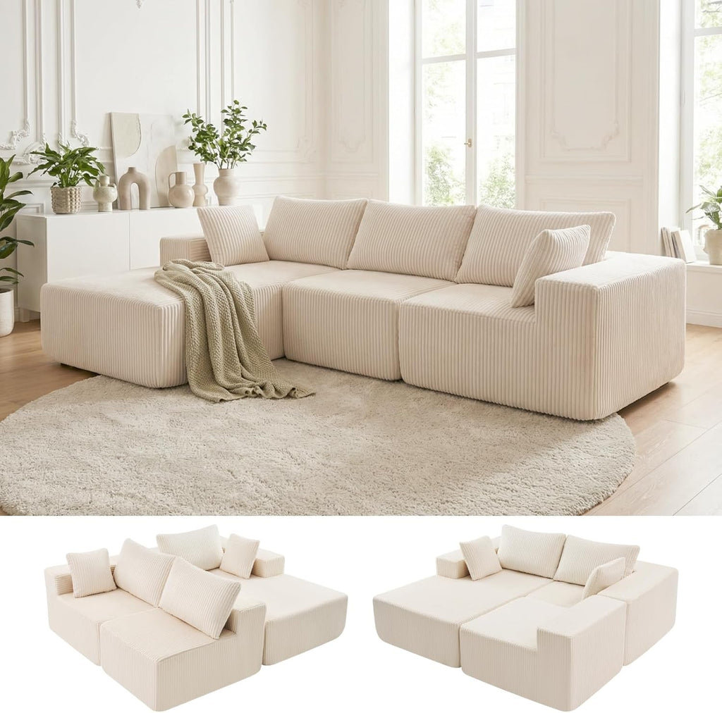 DUMOS 108' Boneless Couch, Cloud Sectional Couch with L-Shape Chaise, Modular Sectional Sofa with Deep Seat, Upholstered Couch for Living Room Bedroom, No Assembly Required, Beige, Left Facing Chaise