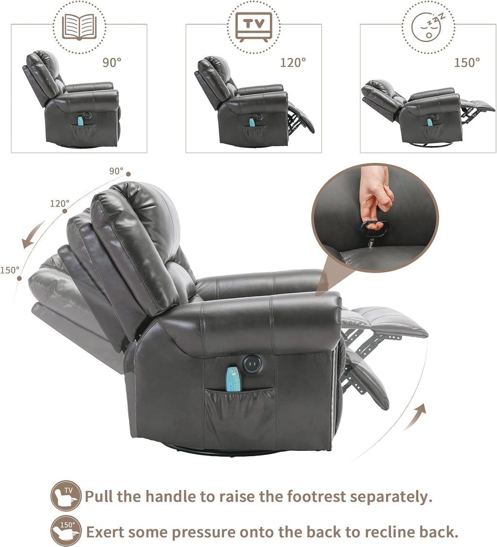 Manual Massage Swivel Rocker Recliner with Heat and Vibration, 360° Swivel Glider Rocking Recliner Chair, Classic Living Room Lounge Recliners with Side Pockets & USB Ports, Dark Gray