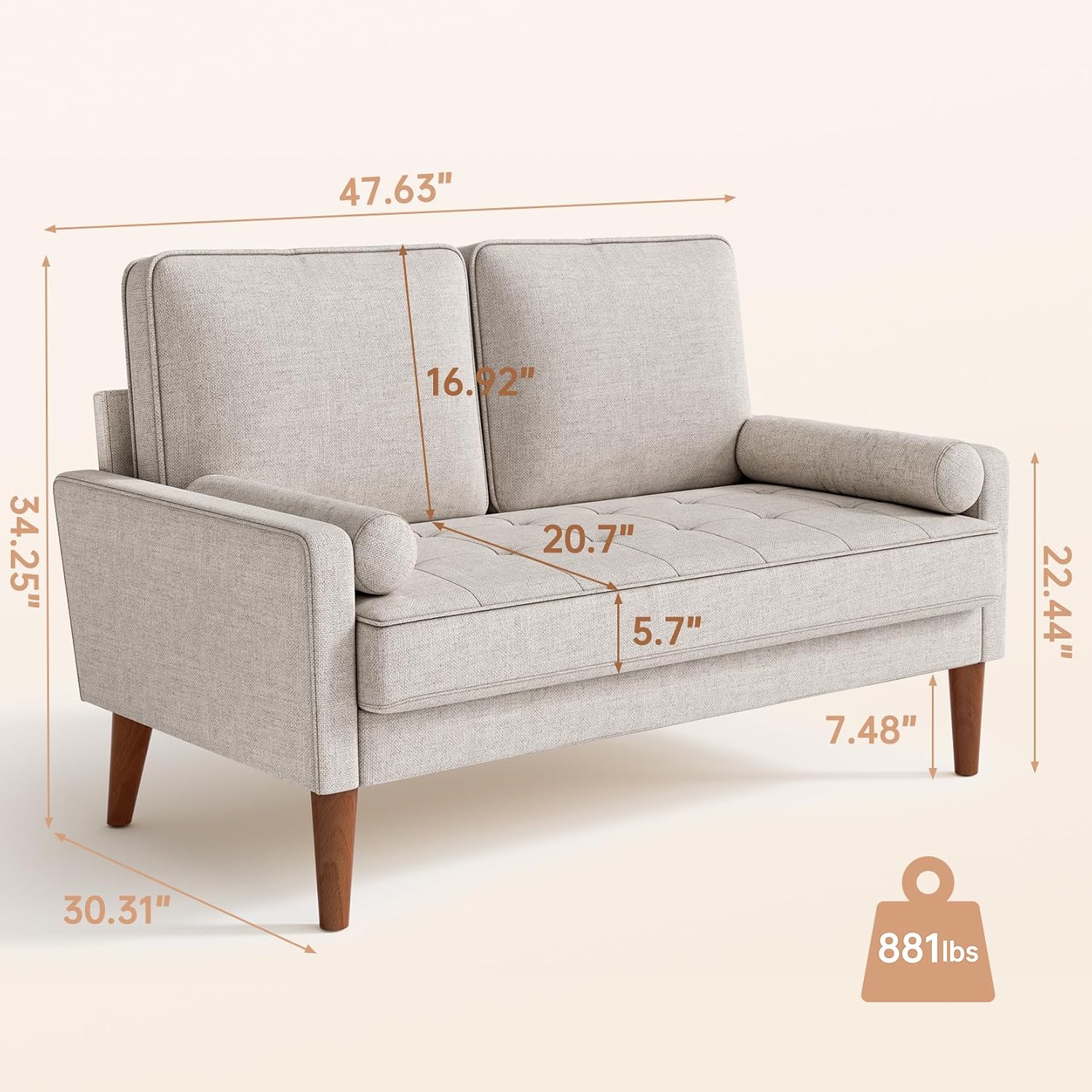 Vesgantti Loveseat Sofa 48' Small Couches for Small Spaces, Love Seat for Living Room, Bedroom, Easy Assembly Mid Century Modern Couch, Beige | Solid Wood Legs