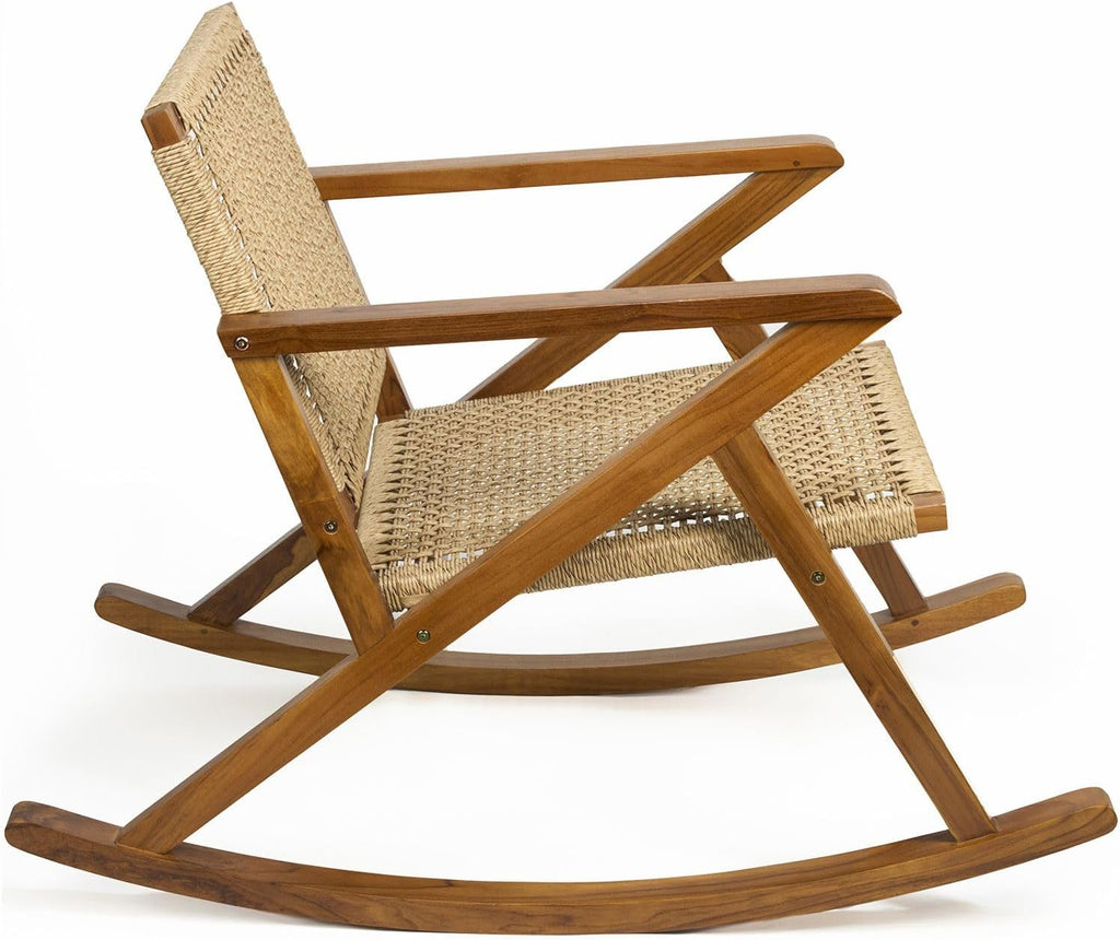 TeakCraft Teak Rocking Chair with Rattan Seat for Adults, Indoor & Outdoor Rocking Chair, Accent Chair, Durable for Patio, Porch, Garden, Living Room, Nursery, Balcony, All Season, The Alinda