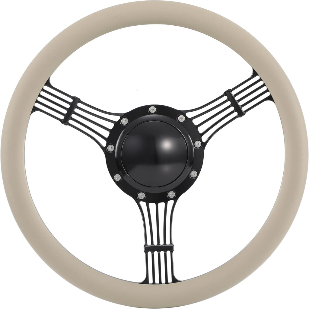 14'' Billet Banjo Half Wrap Steering Wheel with 9 Bolts 2'' Dish and Horn Button (Tan)