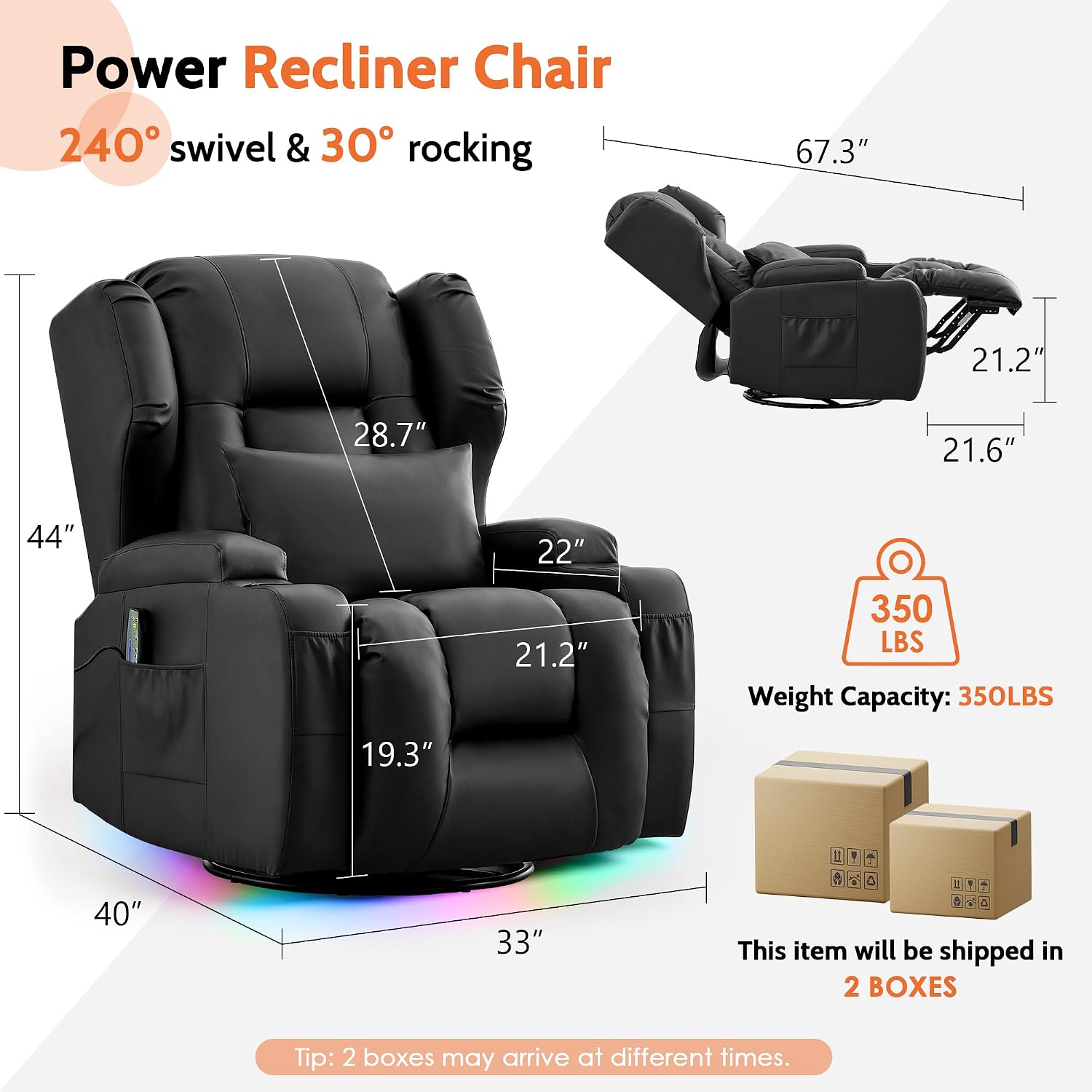 BINGTOO Dual Motor Power Swivel Rocker Recliner Chair with Massage & Heat, Electric Wall Hugger Glider Chair for Adults, Nursery with LED Lights, USB-C Ports & Cup Holders, Faux Leather Black, 1 Chair