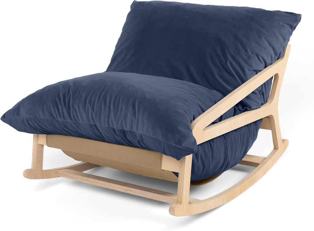 Pillow Saxx Bean Bag Rocking Chair - Elegant Oversized Rocker with Modern Wood Frame, Lush Velvet Navy Blue