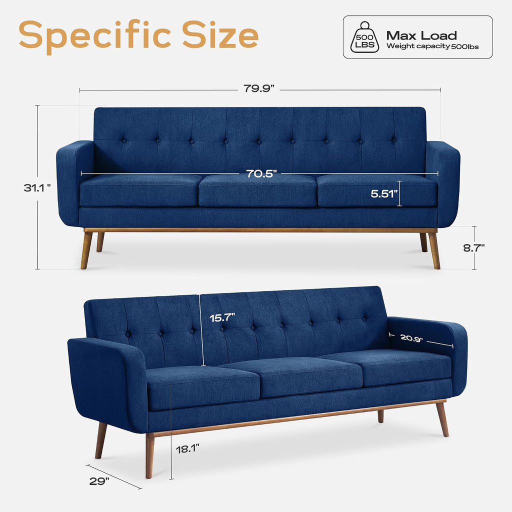 HUIMO Sofa Couch, Mid Century Modern Sofa with Solid Wood Frame, Button Tufted Couch for Bedroom, Living Room, Office, Apartment (Dark Blue, 80 inch)
