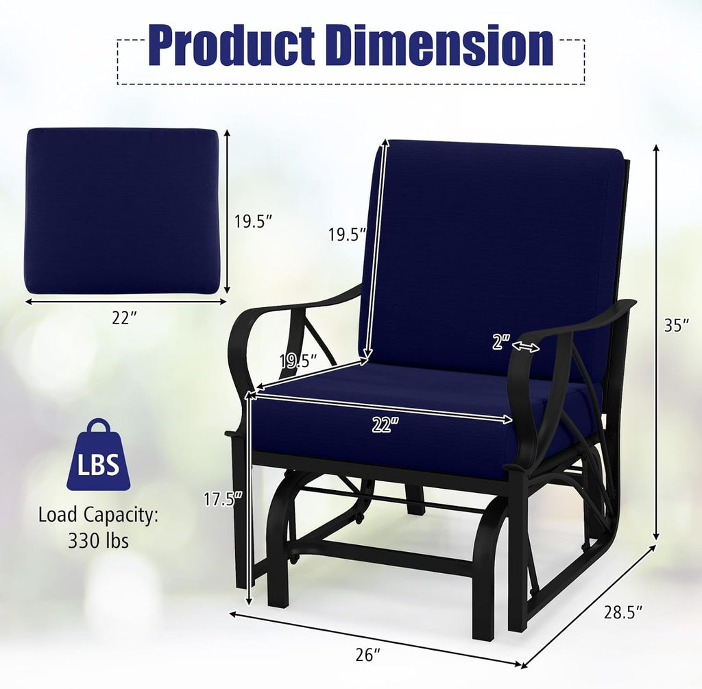 Giantex Outdoor Glider, Patio Rocking Chair with Thick Cushion, Sturdy Metal Frame, Curved Armrest, Ergonomic Design, Single-Person Glider Chair for Garden, Yard, Porch Rocker, Navy