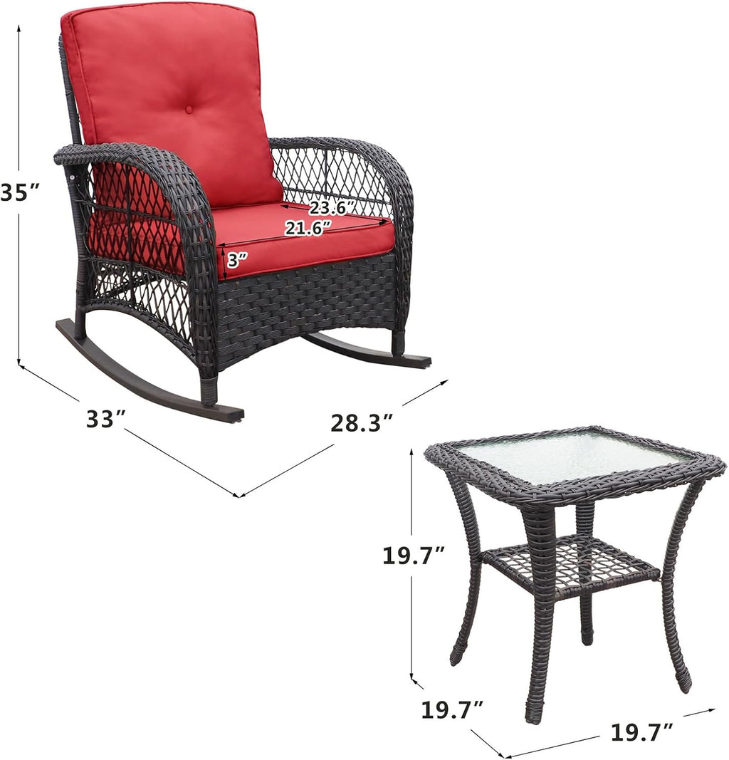 Skypatio Outdoor Wicker Rocking Chairs Set of 2 and Coffee Table, 3 Pieces Patio Bistro Furniture Set with Comfortable Cushions for Balcony, Porch, Backyard, Deck(Red)