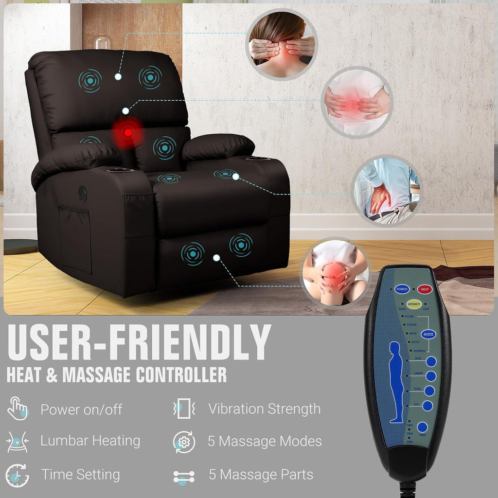LEVELEVE Rocking Recliner Chair, Massage Rocker Recliner Chair with Vibration Massage and Heat, USB and Type-C Ports,360° Swivel Faux Leather Chairs, Living Room, Bedroom, Nursery, RV, Brown