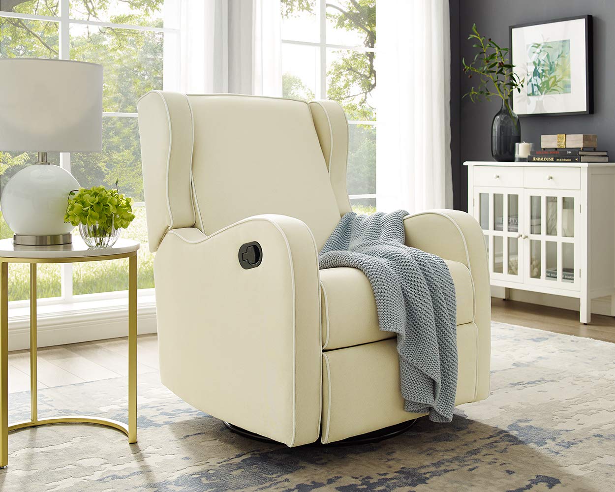 Angel Line Rebecca Upholstered Swivel Gliding Recliner,Metal, Beige/White