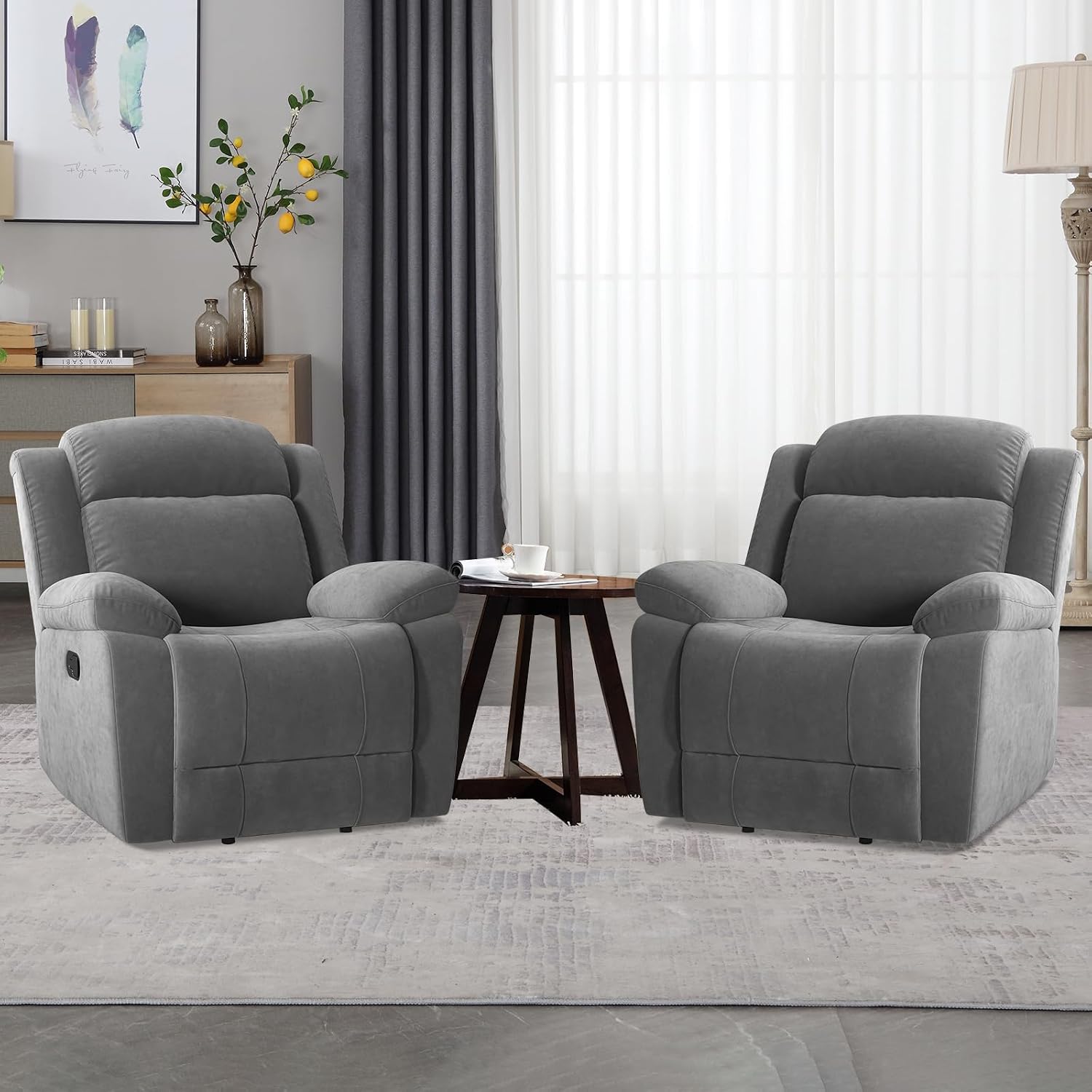 HAOMARKETS Rocker Recliner Chair Set of 2 for Adults, Manual Recliner Chair with Overstuffed Backrest and Armrests, Upholstered Rocking Reclining Sofa Chair for Living Room, Grey