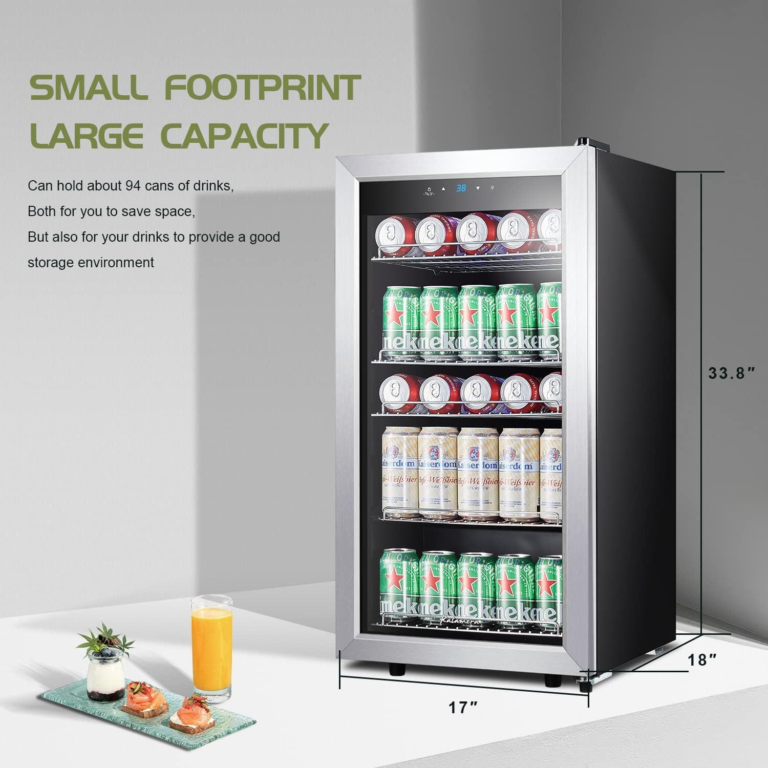 Kalamera Mini Beverage Refrigerator Freestanding- 120 Cans Capacity Beverage Cooler- for Soda, Water, Beer or Wine - for Kitchen or Bar with White Interior Light