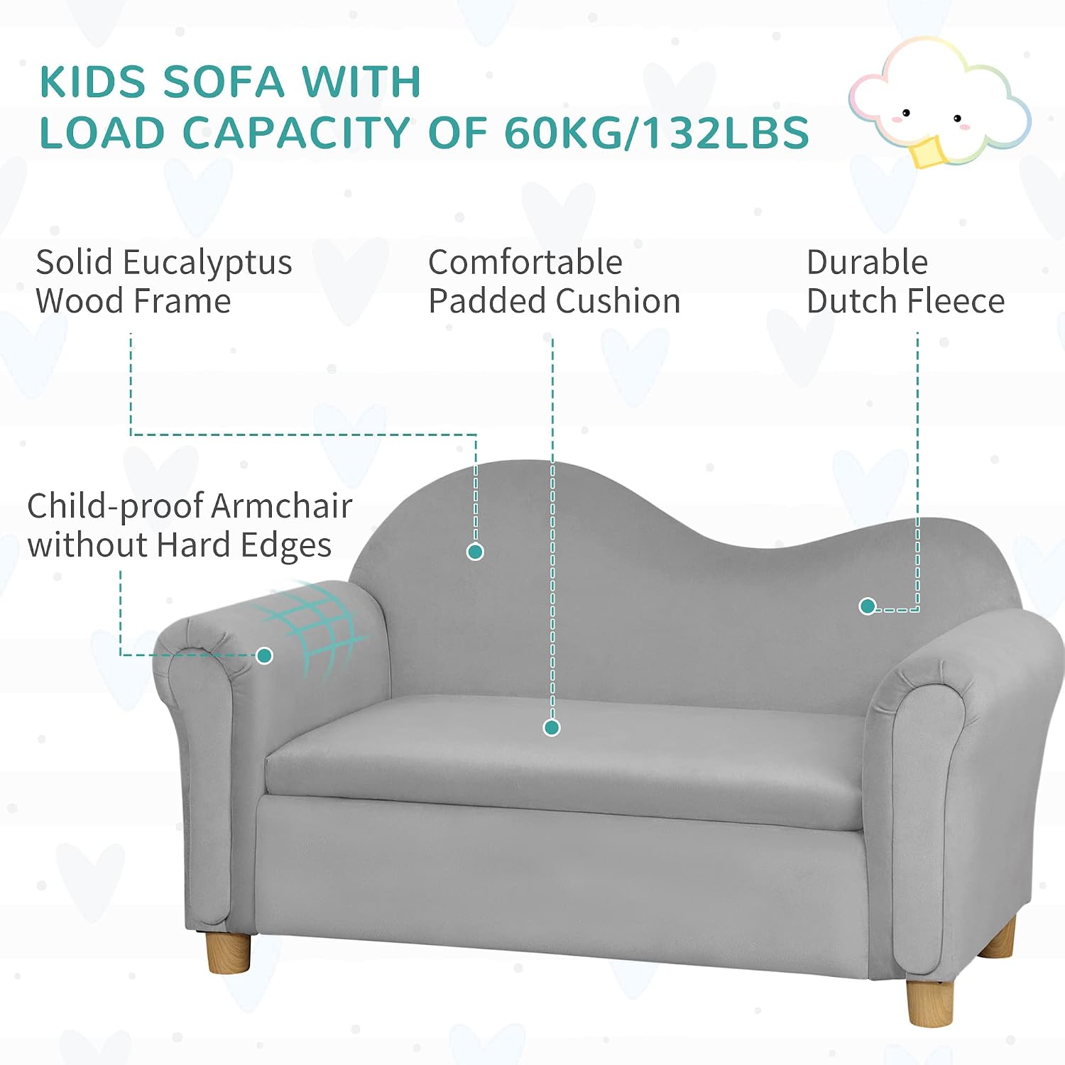 Qaba Ergonomic Foam Kids Sofa with Inner Toy Storage Chest, Velvet Kids Couch with Soft Arms, Children's Lounge Furniture, Gray