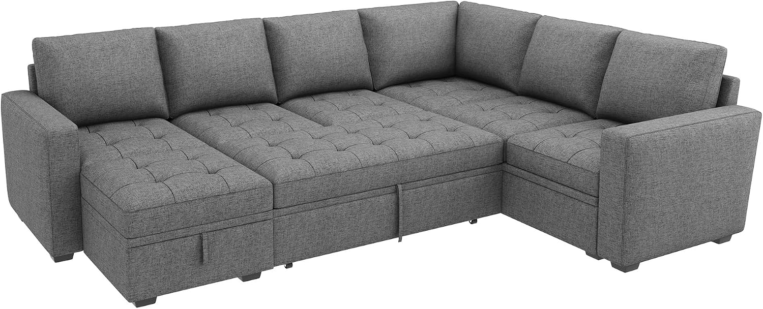 HONBAY Modular Sectional Sleeper Sofa with Pull Out Bed, Convertible L Shaped Couch with Storage Seat, Sectional Couches for Living Room,Grey