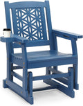 VINGLI Outdoor Glider for Adults, Patio Glider with Cup Holder, Wooden Glider Rocker with Floral Back for Garden, Yard, Patio, Blue