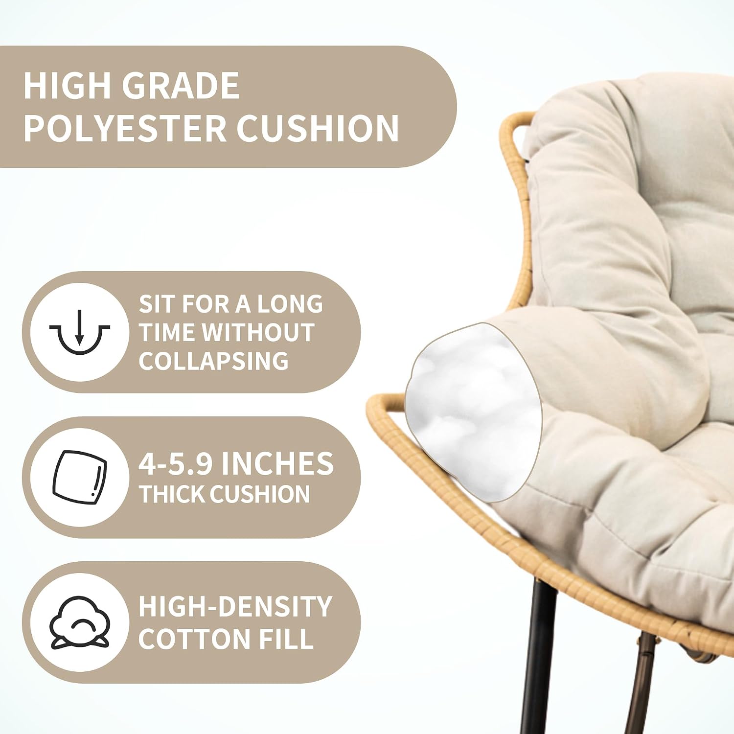 Outdoor Rocking Chair, Patio Egg Rocking Chair, Indoor Papasan Chair, Rattan Wicker Lounge Chair, Modern Royal Chair for Bedroom, Living Room, Porch, Garden,Lawn-Beige (Beige)