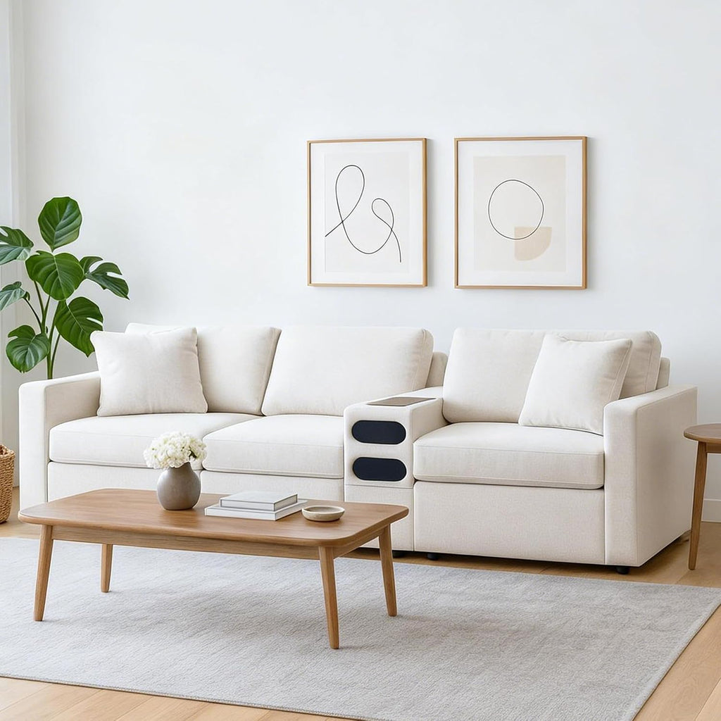 Signature Design by Ashley Modmax Coastal Modular Stain Resistant 4-Piece Sectional with Audio Console, Drawer, USB Ports and 2 Accent Pillows, Beige