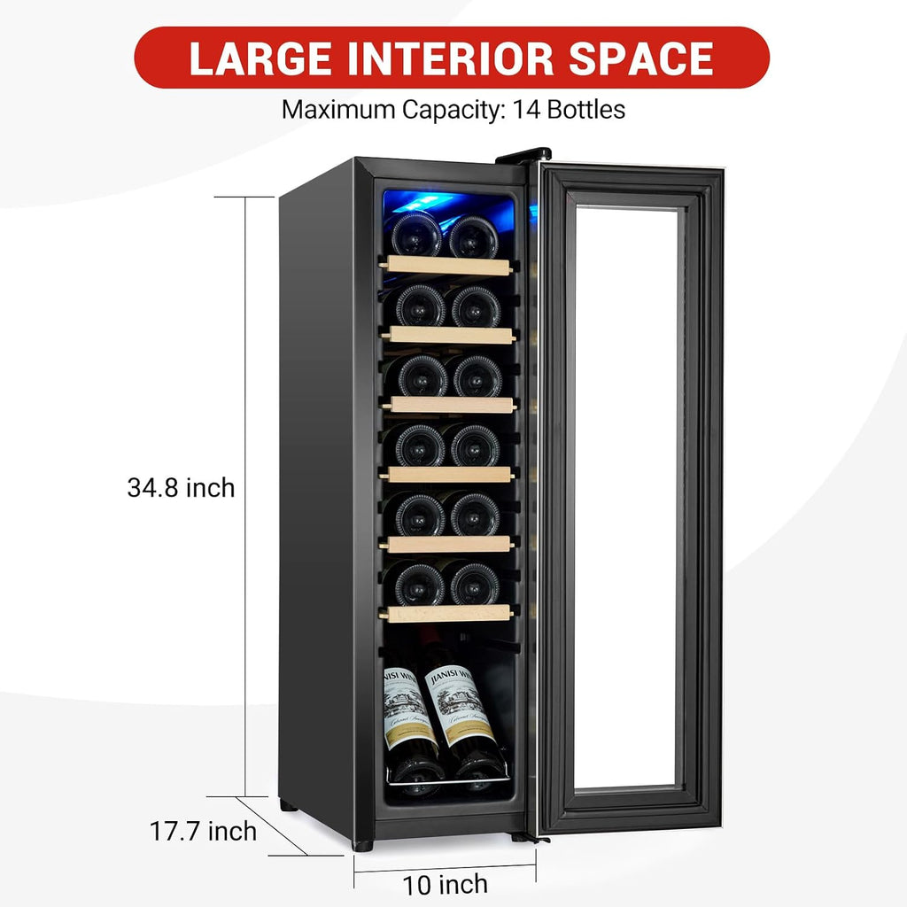 Garvee 14 Bottle Wine Cooler, Freestanding Compressor Wine & Beverage Refrigerator with Premium Wooden Shelves, Digital Temp Control, Quiet Low Noise Operation for Red Wine, White Wine, Champagne