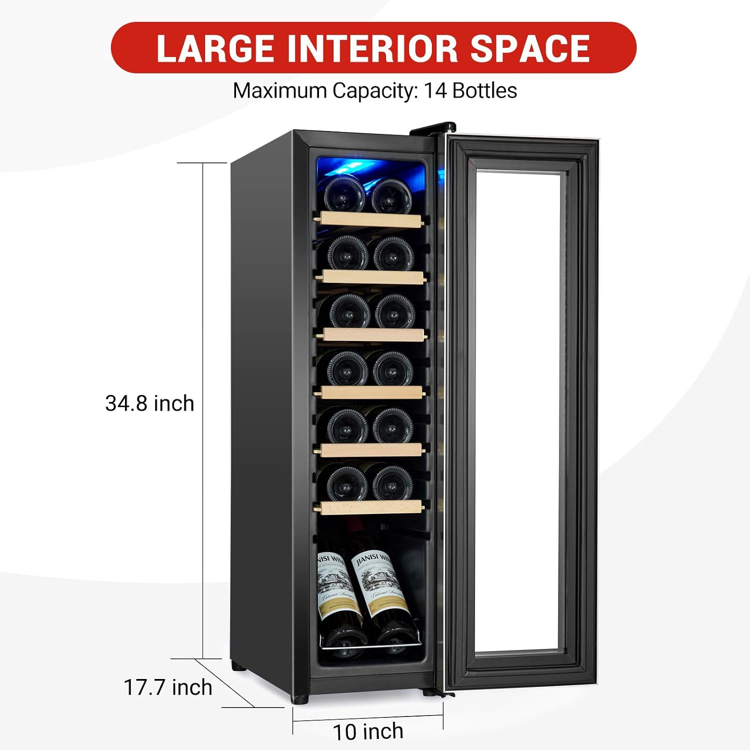 Garvee 14 Bottle Wine Cooler, Freestanding Compressor Wine & Beverage Refrigerator with Premium Wooden Shelves, Digital Temp Control, Quiet Low Noise Operation for Red Wine, White Wine, Champagne