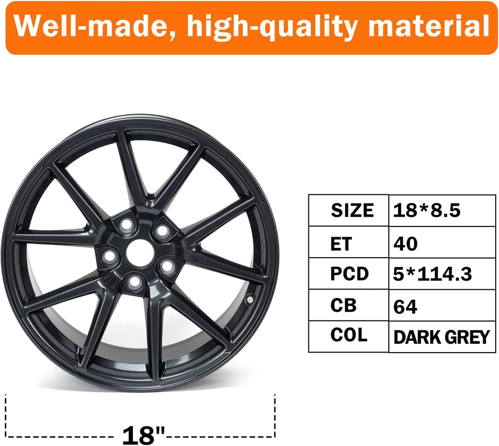 18'x8.5' Alloy Wheel Compatible with Model 3 2017-2023, 18 Inch Replacement Car Rim, 5x114.3 Bolt Pattern, ET40 Offset, 64mm Hub Bore, 1 Set