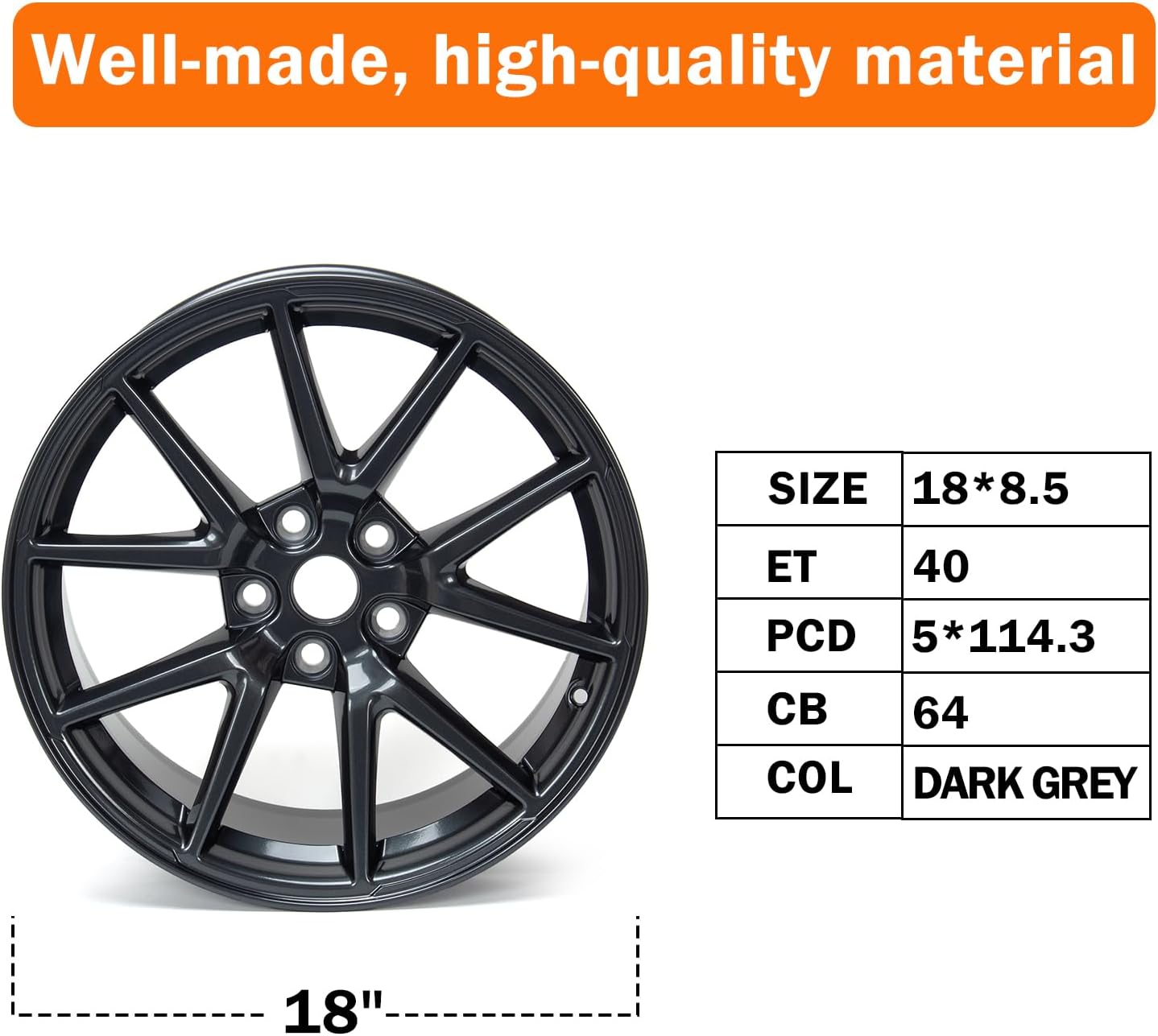 18'x8.5' Alloy Wheel Compatible with Model 3 2017-2023, 18 Inch Replacement Car Rim, 5x114.3 Bolt Pattern, ET40 Offset, 64mm Hub Bore, 1 Set