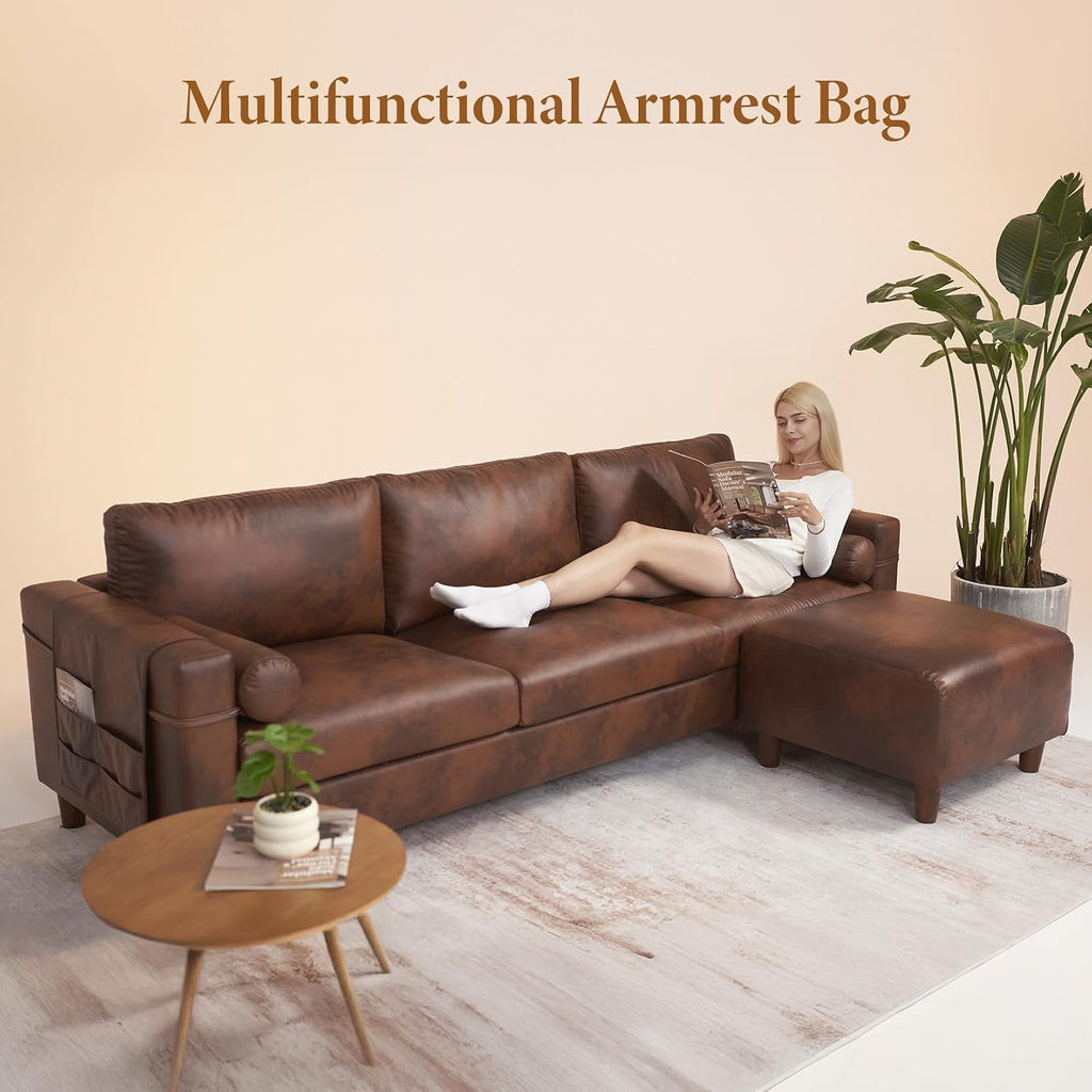 Vesgantti 100' L Shaped Faux Leather Couch with Movable Ottoman, 3 Seater PU Leather Sectional Sofa with Side Pocket, Mid Century Modern Modular Couch for Living Room, Bedroom, Chocolate