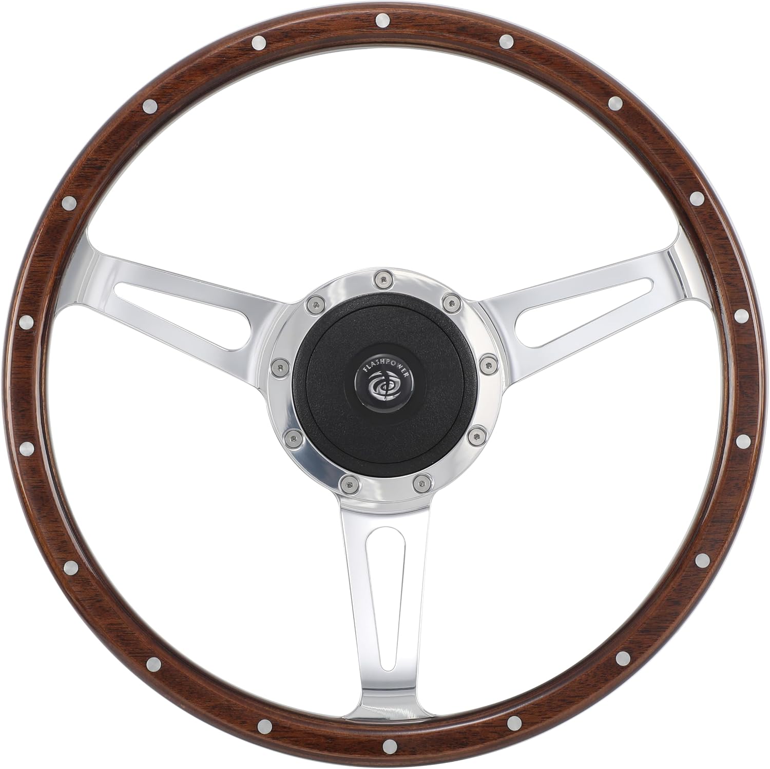 14'' Classic Riveted wood grain steering wheel with horn button