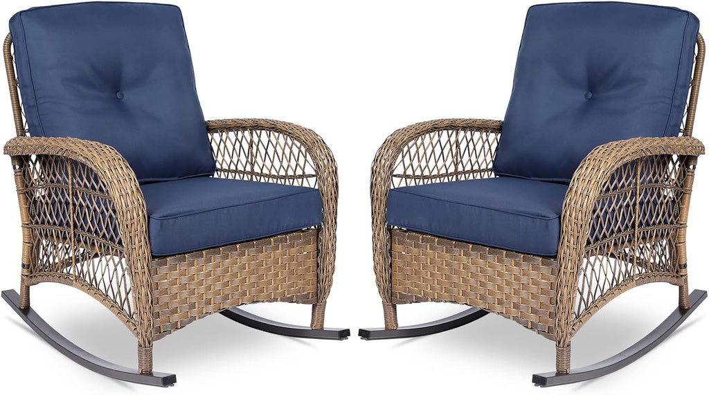 VIVIJASON 2 Piece Patio Wicker Rattan Rocker Chair, Outdoor Rattan Rocker Chair with Cushions & Steel Frame, All-Weather Rocking Lawn Wicker Furniture for Garden Backyard Porch (Navy Blue)