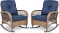 VIVIJASON 2 Piece Patio Wicker Rattan Rocker Chair, Outdoor Rattan Rocker Chair with Cushions & Steel Frame, All-Weather Rocking Lawn Wicker Furniture for Garden Backyard Porch (Navy Blue)