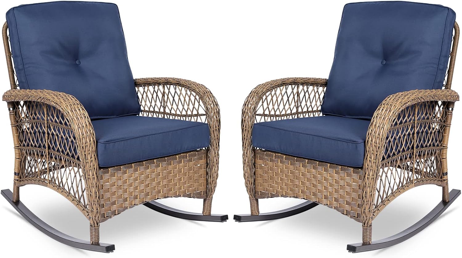 VIVIJASON 2 Piece Patio Wicker Rattan Rocker Chair, Outdoor Rattan Rocker Chair with Cushions & Steel Frame, All-Weather Rocking Lawn Wicker Furniture for Garden Backyard Porch (Navy Blue)