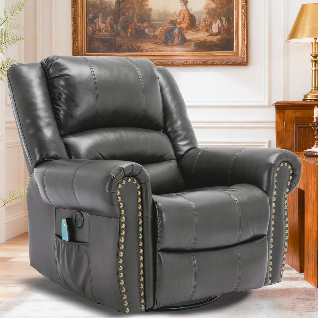 Manual Massage Swivel Rocker Recliner with Heat and Vibration, 360° Swivel Glider Rocking Recliner Chair, Classic Living Room Lounge Recliners with Side Pockets & USB Ports, Dark Gray