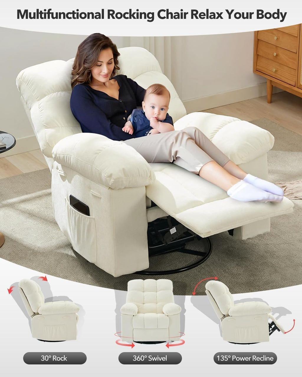 Oversized Swivel Rocker Recliner Chair for Adult,360° Swivel Rock Recliner, Extra Wide Manual Recliners, Chenille Upholstery Overstuffed Soft Rocking Sofa Chair,Beige