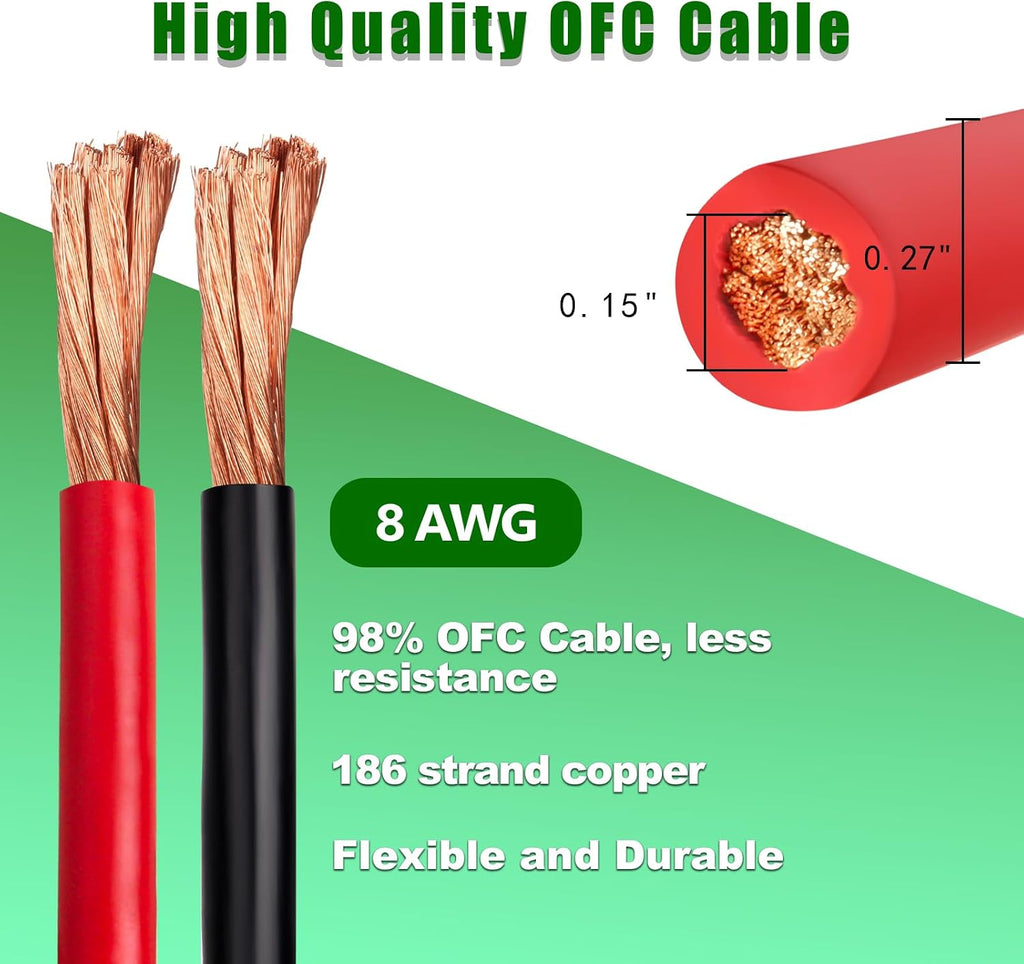 8 Gauge Battery Cable Copper Wire, 50FT Red+50FT Black 8 AWG Welding Cable Standard USA OFC Wire for Automotive, Battery, Solar, Marine and Generator