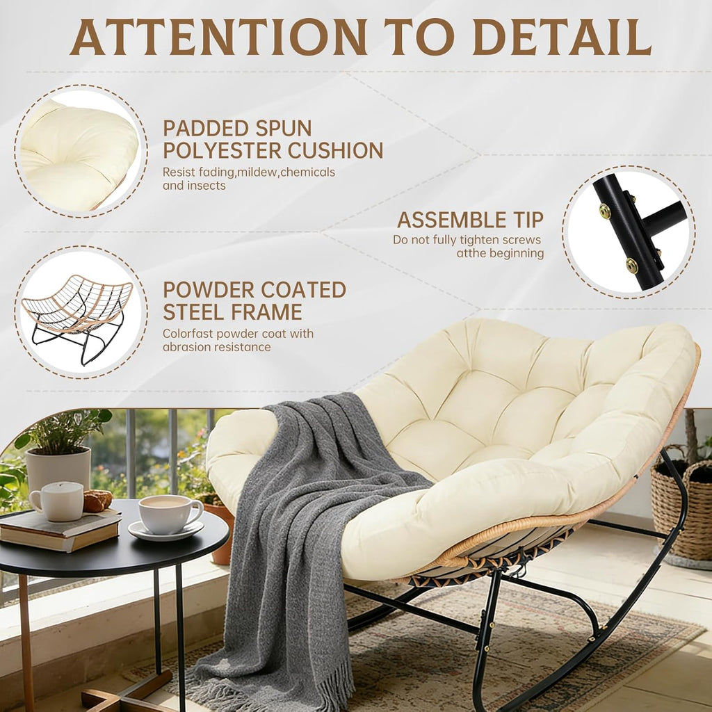 SUNCROWN Oversized Wicker Rocking Chair Indoor Outdoor, 450 LBS Heavy Duty Patio Papasan Egg Chair with Cushion, E-Coated Frame Lounge Rocker for Garden Balcony Porch Living Room (Beige)