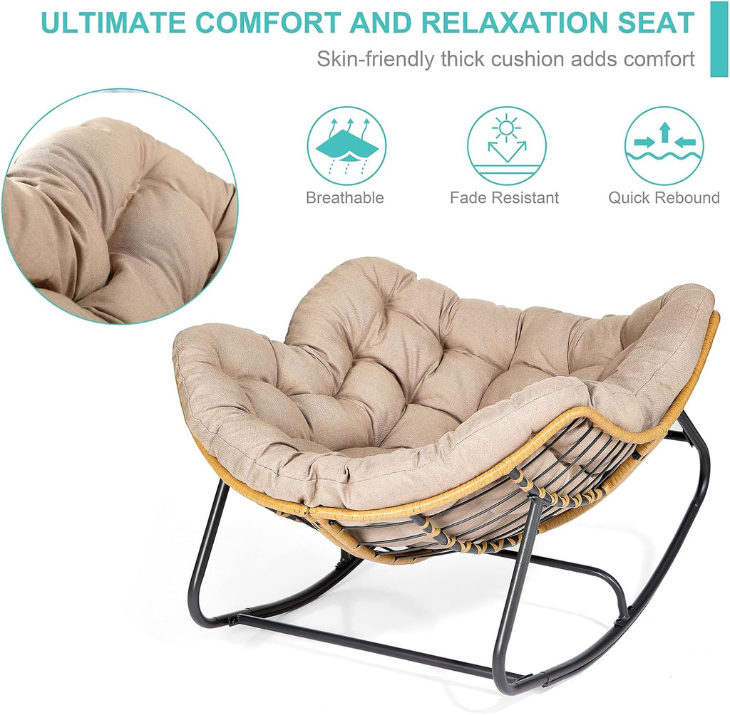SWITTE Outdoor Rocking Chair, Indoor Papasan Rocking Lounge with Thick Cushion, Oversized Cozy Patio Rocker for Bedroom, Living Room, Porch, Garden, Lawn-Cream