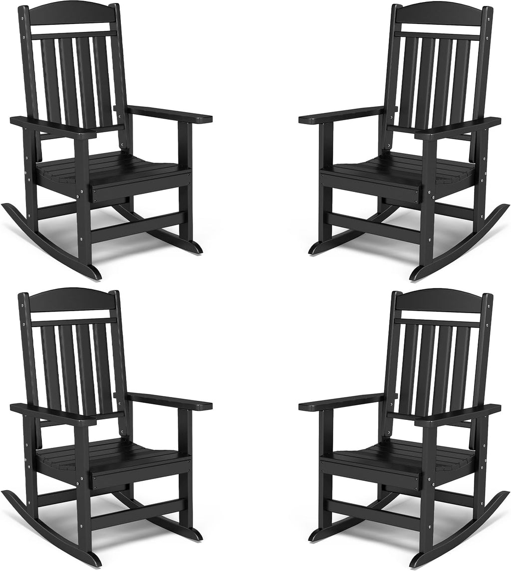 FOOWIN Outdoor Rocking Chair Set of 4,High Back Patio Rocking Chair, HDPE All Weather Resistant Porch Rocker for Adult, Oversized Rocking Chairs for Garden, Lawn, Indoor & Outdoor Use, Black