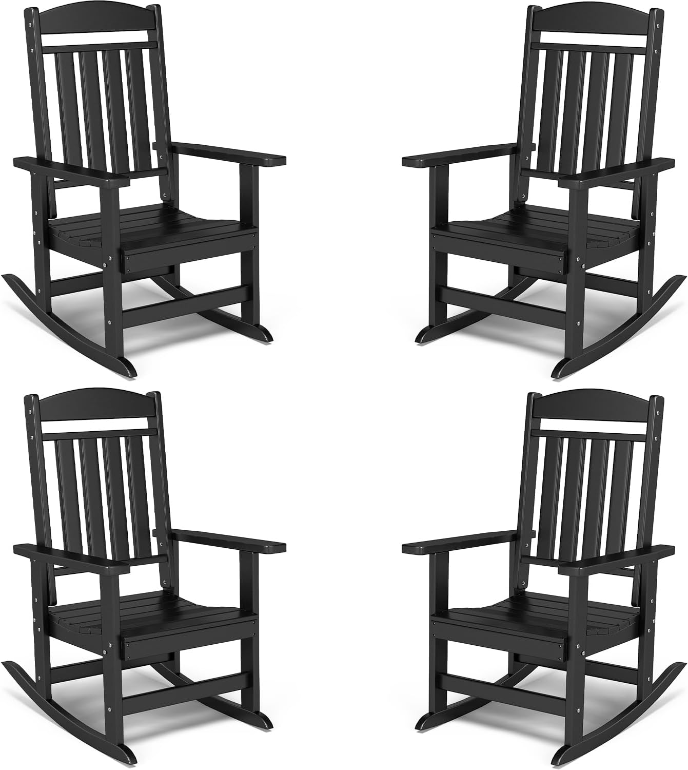 FOOWIN Outdoor Rocking Chair Set of 4,High Back Patio Rocking Chair, HDPE All Weather Resistant Porch Rocker for Adult, Oversized Rocking Chairs for Garden, Lawn, Indoor & Outdoor Use, Black