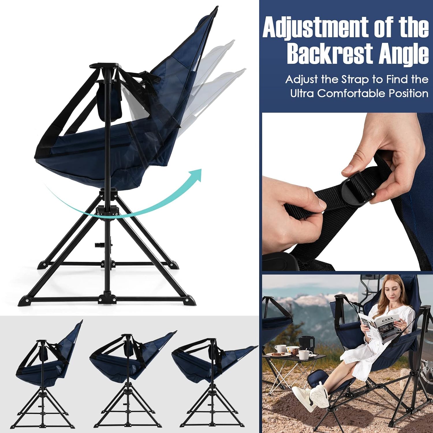 Giantex Outdoor Hammock Camping Chair - Rocking Chair with Removable Footrest, Adjustable Backrest, Pillow, Cup Holder, Storage Bag, Portable Fishing Chair for Poolside Patio Folding Chair (2, Navy)